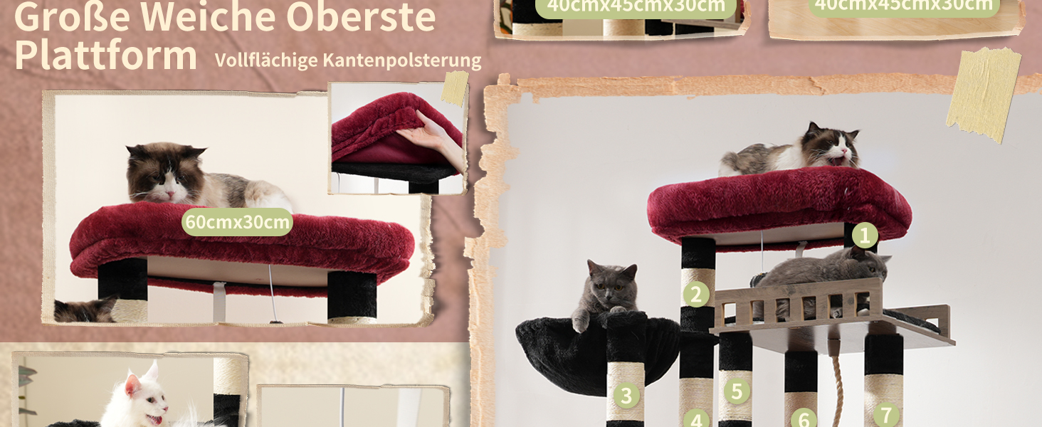 Котячий будиночок Kratzbaum: великий, з гамаком, 2 печери, 15 стовпчиків для дряпання (174см, чорний та червоний)