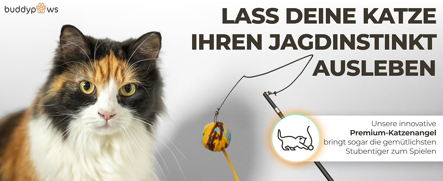 BuddyPaws® Паличка-пір'їна для котів Stabil – Інтерактивна іграшка з 4 пір'ями та котячою м'ятою, висувна 42-104 см, гнучка, з запасним шнуром, аксесуари для котів