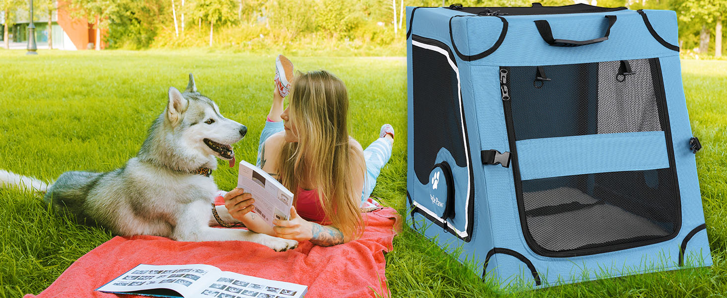 Складана переносна переносна коробка для собак Snagle Paw, стабільна переноска для заднього сидіння автомобіля з підголовником, металевий каркас, переноска для подорожей для середніх/великих собак, переноска з сітчастими дверцятами та м'якою оббивкою (68см x 60см x 63см)