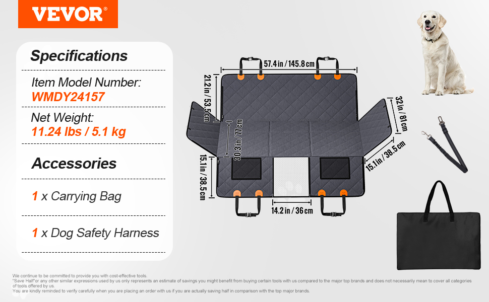 Захисна ковдра для собак VEVOR на заднє сидіння авто, 137x61 см, до 180 кг, з жорсткою основою, сітчастим вікном та кишенею для зберігання
