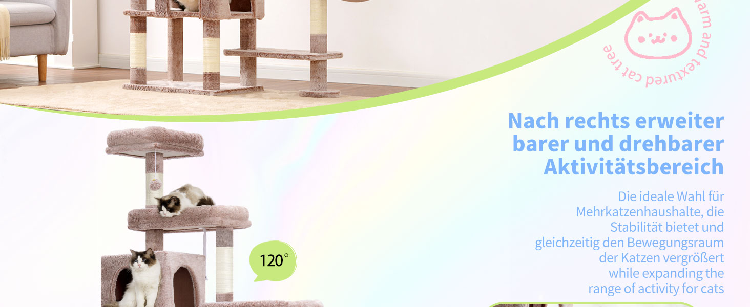 Котячий будиночок Hey-brother XXL для великих котів, 180 см. Стабільний котячий комплекс з 3 платформами, 3 великими печерами та 2 котячими будиночками, бежевий, EMPJ038MU