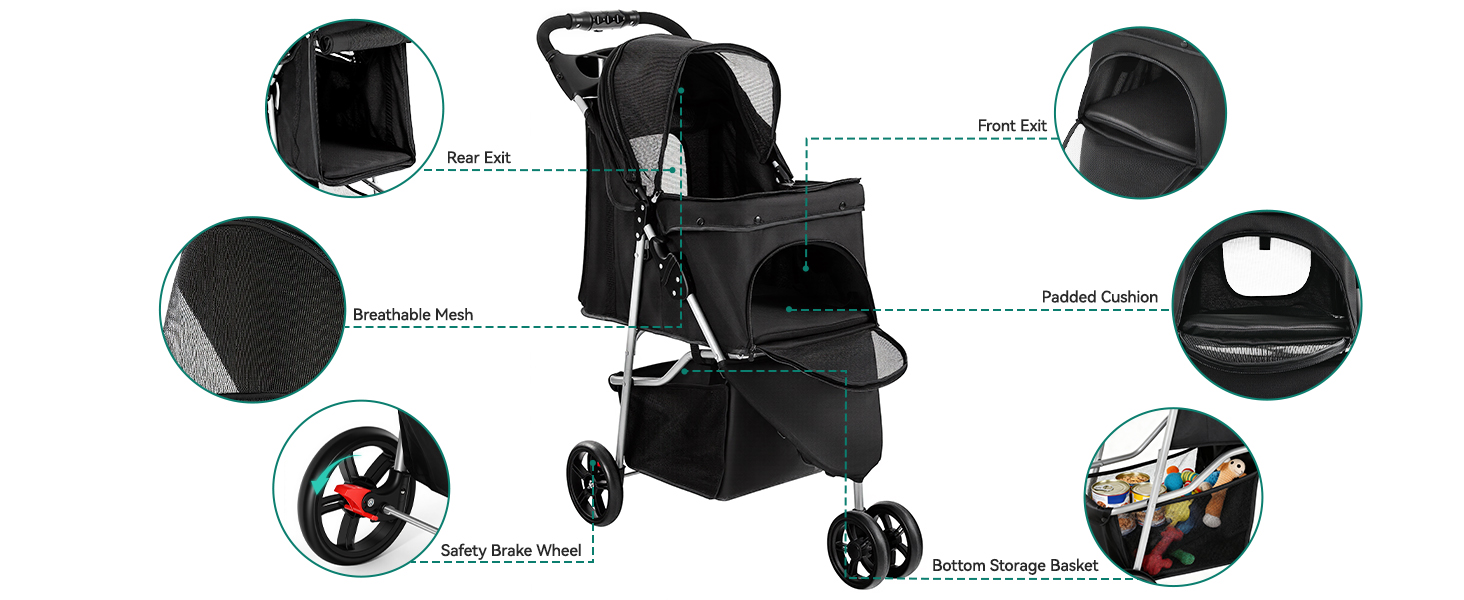 Візок для собак та котів YITAHOME 15 кг, чорний, з трьома колесами, сітчастим вікном та гальмами