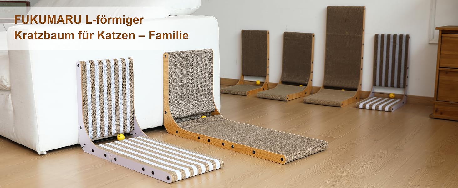 Котячий когтеточка FUKUMARU L-подібної форми, 68 см, з візерунком смуг, з іграшкою, для стіни та кута, з міцного картону