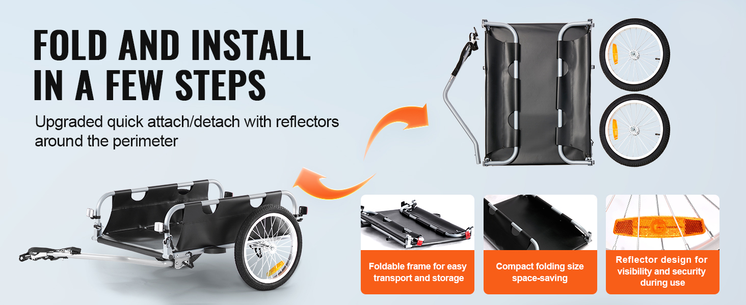 VEVOR Причіп для велосипеда, вантажопідйомність 88/100/72,6 кг, складаний, компактний, з універсальною муфтою, алюмінієвий каркас