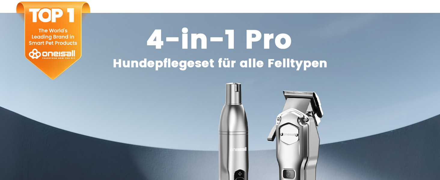 Машинка для стрижки собак Oneisall 4-в-1: стрижка, триммінг, шліфування кігтів. Підходить для собак та котів, тиха, професійна, 4 години роботи від акумулятора