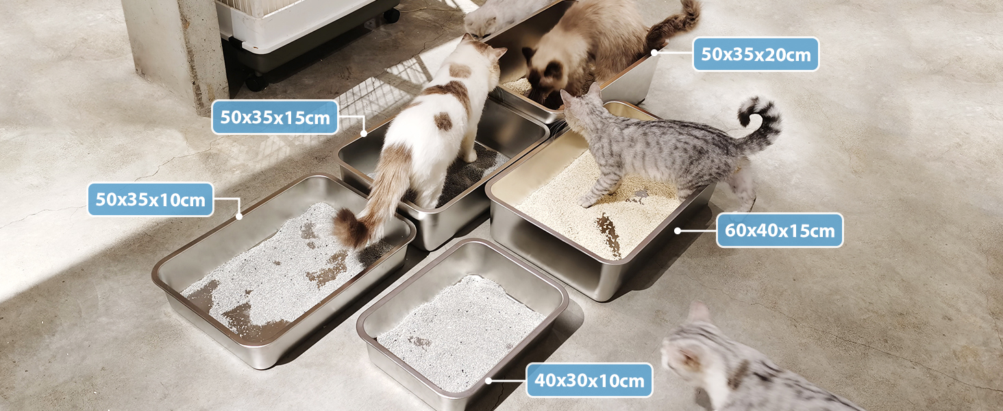 IKITCHEN Великий лоток для котів з нержавіючої сталі (50x35x20 см), туалет для котів та кроликів, без запаху, без плям, антикорозійний, з гладкою поверхнею, з антиковзким гумовим дном, срібний