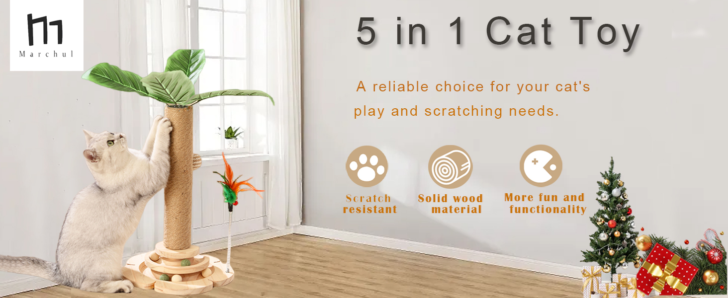 Кігтеточка для котів Marchul велика з м'якою плюшевою оббивкою та іграшкою-м'ячиком, 68 см, бежевий колір