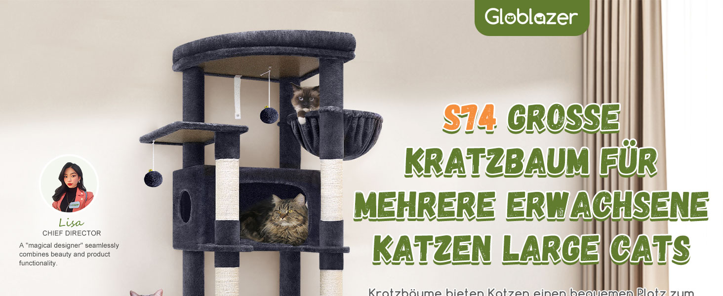 Драбина для котів Globlazer XXL, 188 см, з будиночком, платформами та кошиками. Стабільна, не перекидається, для великих котів. Темно-сірий (S74)