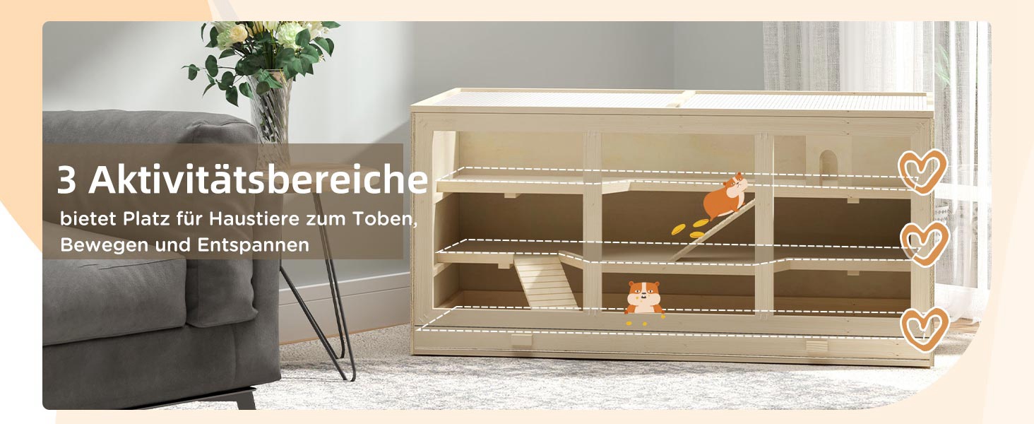 Клітка для тварин PawHut, клітка для гризунів з рампою та гойданням, верхня кришка відкривається, знімна піддон, дерево сосна та PS пластик, 115 x 60 x 55 см