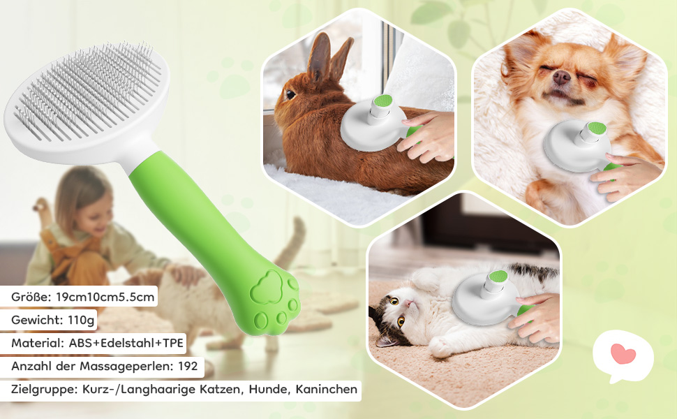 Щітка для котів та собак з самоочищенням, милий ручка-кіготь, видаляє шерсть, підходить для короткого та довгого волосся, зелена, універсальний розмір