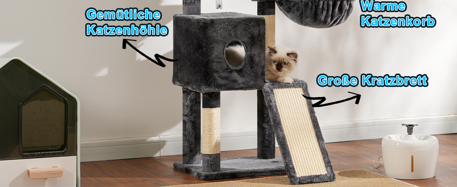 Котячий будиночок Hey-brother Kratzbaum 108 см: багатоярусний котячий комплекс з когтеточками, будиночком, гамаком та іграшками, кольори: рудий/чорний, MPJ007SBR (димно-сірий)