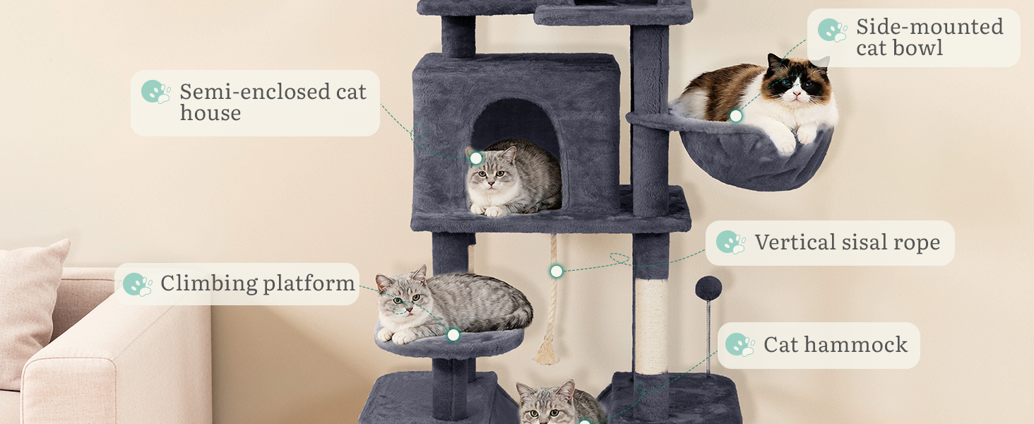 Дерев'яний комплекс для котів YITAHOME з подряпальниками, будиночком та лежаками, 157 см, сірий
