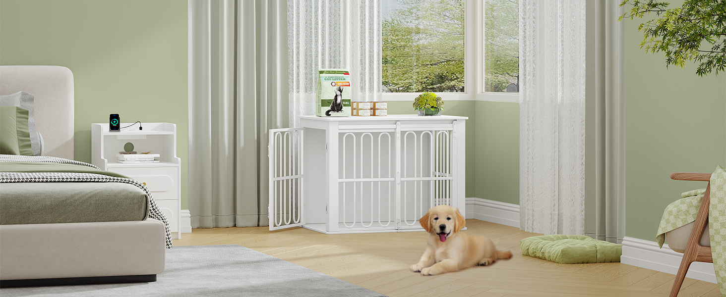 Дерев'яний вольєр для собак, 81 см, вольєр-стілець для дому, 2 двері, розсувні, для маленьких та середніх собак, міцний, 81 × 55 × 62,4 см, білий