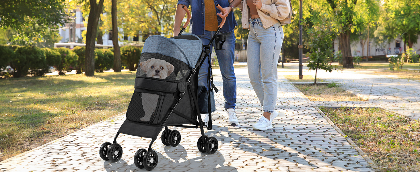 Візок для собак та котів YITAHOME 11,3 кг, складаний, з кошиком, сіткою, тримачем для напоїв, поворотні EVA колеса, дверцята (Синьо-чорний)