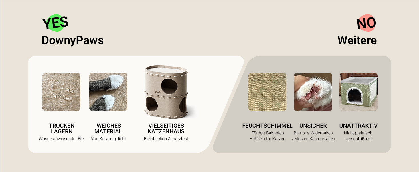 Будиночок-печеринка для котів DownyPaws з фетру, 2-ярусне ліжко для котів, 50 x 33 x 50 см, затишний дизайн, захист кігтів, бежевий