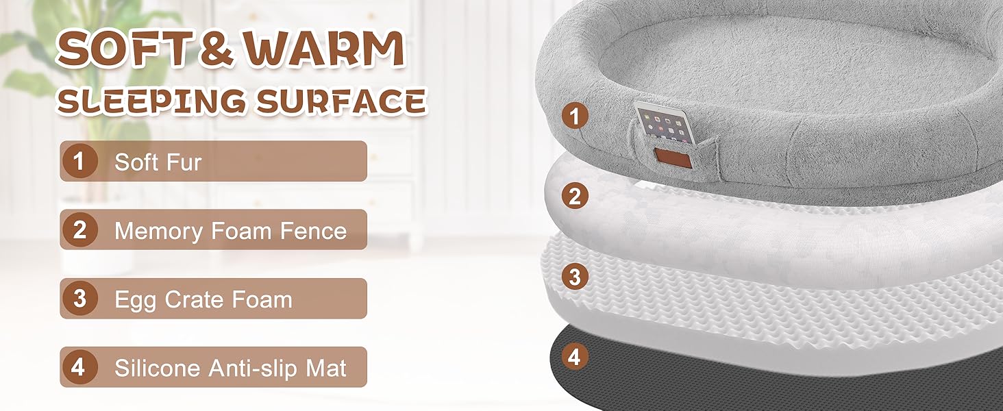 Крісло-ліжко для собак та людей, 180х122х25 см, велике крісло-мішок з ковдрою, овальне ліжко з штучного хутра, знімний великий матрац Memory Foam, сіре