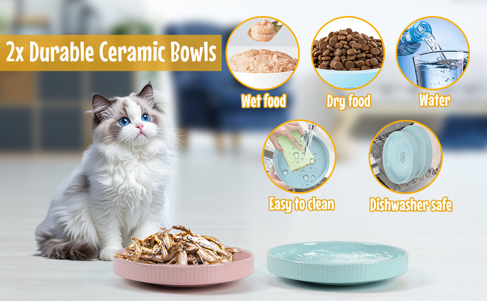 Миска для котів плоска керамічна з дерев'яною підставкою, піднята станція для годування з 2 керамічними мисками, миска для котів, діаметр миски 16 см для їжі та води, рожева & блакитна, блакитно-рожева