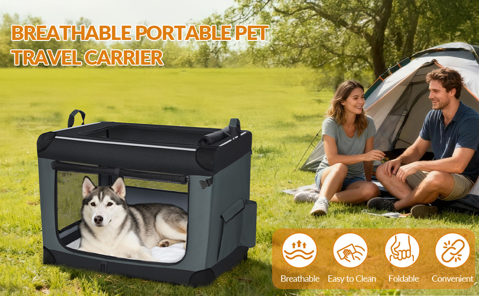 Транспортна переноска для собак Fobyfurny, сіра, 60x42x42 см, з кишеньками та світловідбиваючими смугами, знімний килимок, 60 л