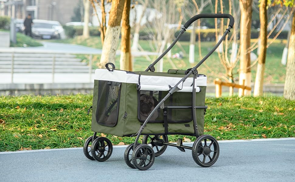 Візок для собак та котів PawHut 2-в-1, складний, до 10 кг, з подушкою, сіткою, дверима та кошиком для зберігання, темно-зелений