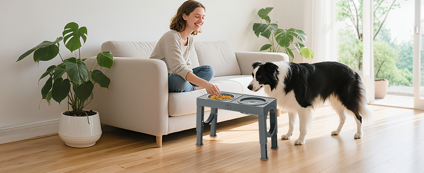 Набір мисок для собак X-BEN 3-в-1: миска для води з захистом від пролиття 1.4L, миска від захлипування 1L, годівниця з 5 рівнями регулювання висоти, для середніх та великих собак, антиковзаюча, сіра