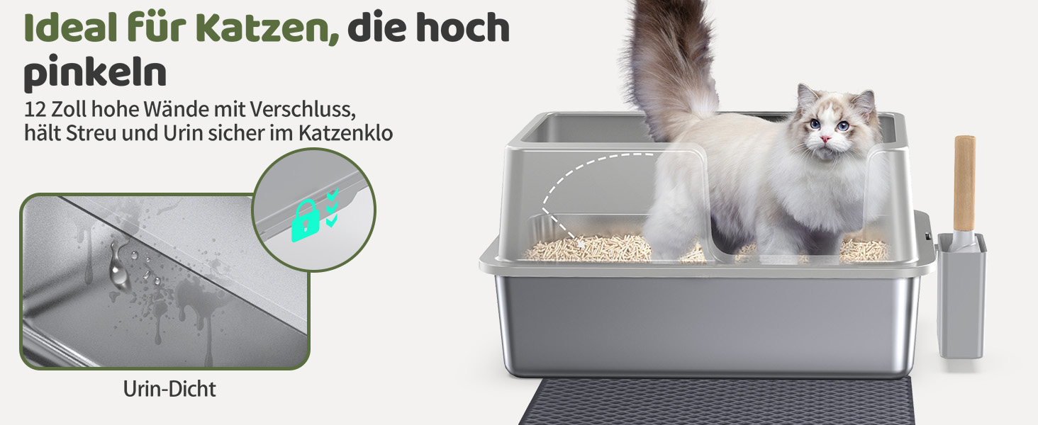 Кішниця для котів Gimars XL з металу – герметична кішниця для котів з нержавіючої сталі, миска з захистом від протікання, лопатка та килимок, підходить для великих, середніх та маленьких котів (світло-сіра з килимком)