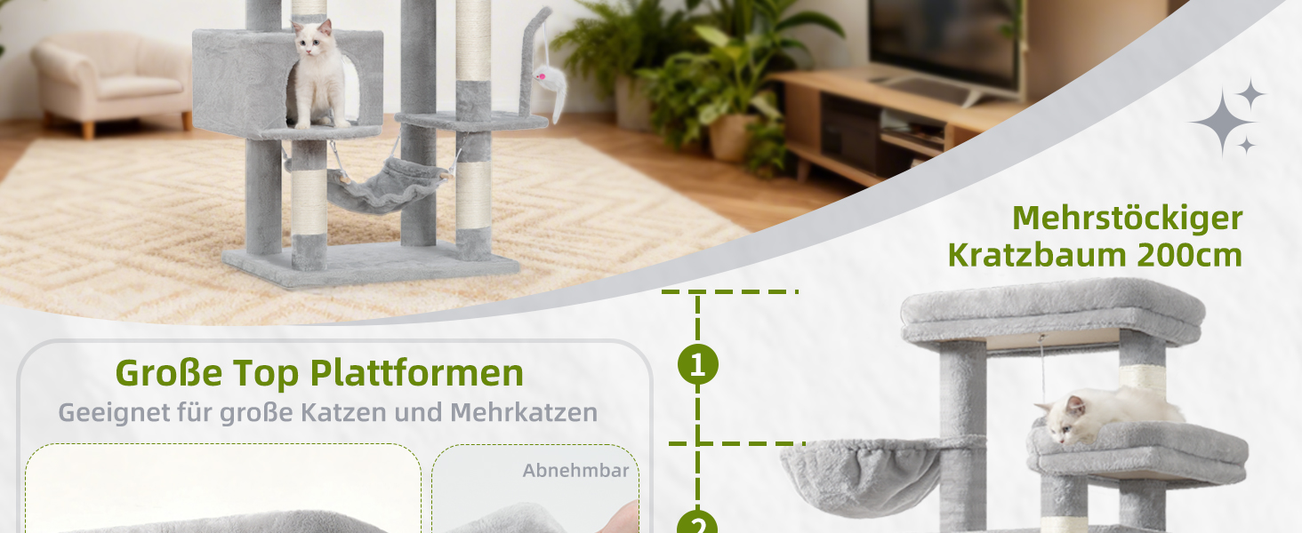 Великий котячий будиночок Kratzbaum GCT031W 200 см сірий: кігтеточка, платформа, гамак, печери для котів