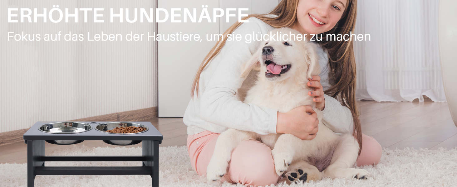 Підвищені годівниці для собак HTB, бамбук, 2 миски з нержавіючої сталі, 44x24x18 см, 18 см висота, сірий колір