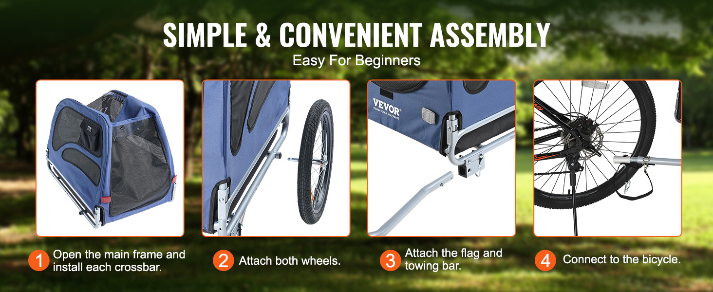 Фаркоп для собак VEVOR 30 кг 2в1: велосипедний причіп, візок для дітей, бугі для собак, джогер. Матеріал: вуглецева сталь, Oxford 600D, PP. Розміри: 1440 x 720 x 779 мм (причіп), 1400 x 720 x 830 мм (візок).