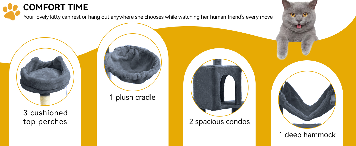 Кігтеточка YITAHOME 190 см, багатоярусна, з сизалю, з гамаком та лежаками, сіра – центр активності для котів