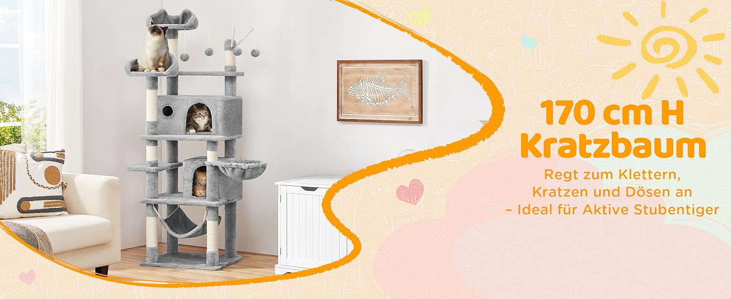 Котячий комплекс Yaheetech 170 см: кігтеточка, ліжко, гамак, іграшки, сірий колір