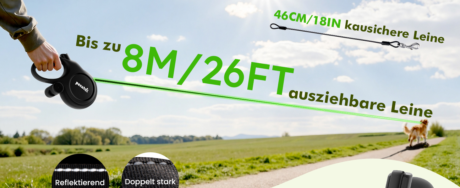 Рулетка для собак Pecute 8м, бісостійка, з набором для збору відходів, 360° без перекручування, чорна (до 50кг)