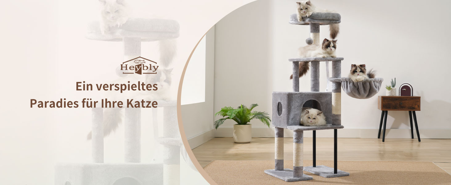 Котячий будиночок Heybly Kratzbaum HCT200SW, 125 см: кігтеточка, будиночок, лежанка, стрибкова платформа, сірий