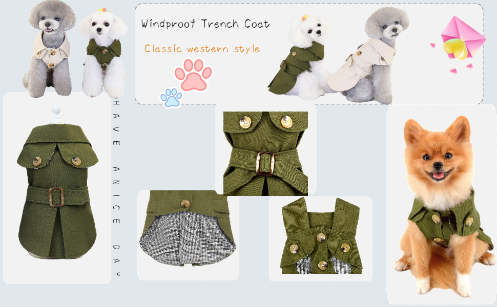 Тренч для собак PAIDEFUL, вітрова куртка-вестерн для дівчаток та хлопчиків, з поясом, для осені та зими, розмір S, колір хакі