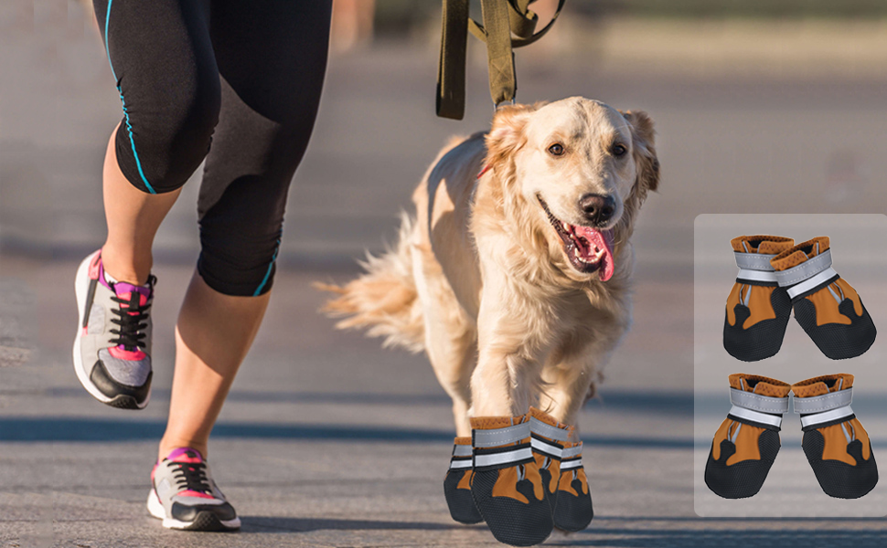 Жовті чоботи для собак REESTBOO, XXL, 4 шт. Водонепроникний захист лап, антиковзаючі, з світловідбиваючим ремінцем, на липучці. Підходять для великих собак, снігу та дощу.