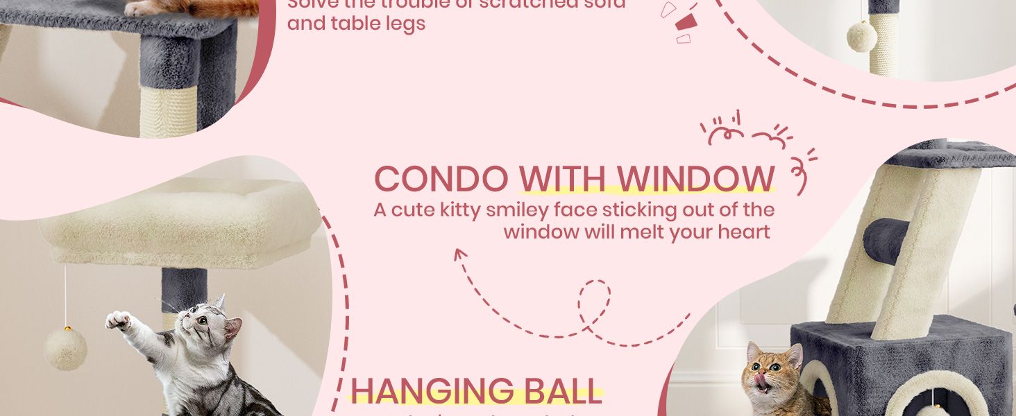 Кігтеточка для котів Dogat 107 см: багатоярусна, з будиночком, лежаком та ігровими елементами (сірий/бежевий)