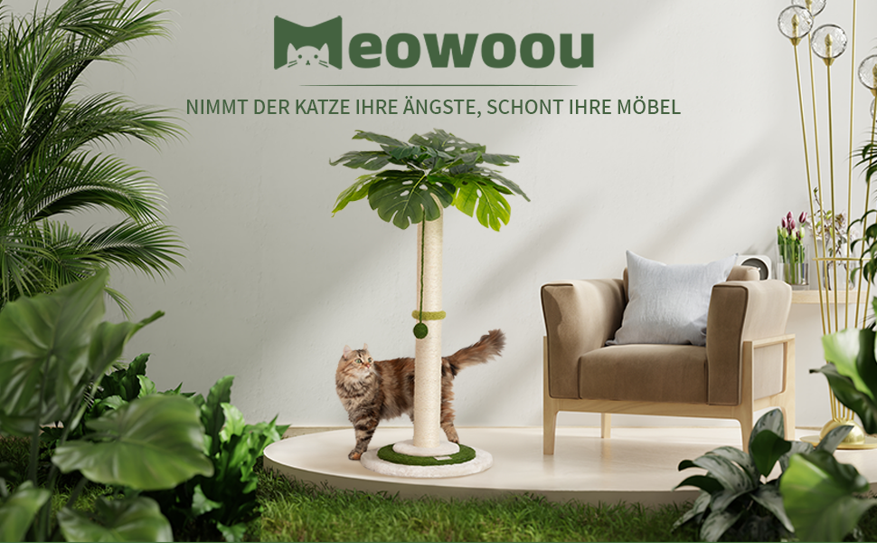 Котяча кігтеточка Meowoou з м'ячиком та стовпчиком 89 см з сизалевого мотузка. Кігтеточка-стовпчик для котів усіх вікових груп OTurtleLeafTree
