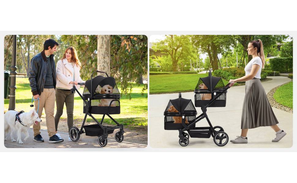 Складаний візок для собак та візок-буги для тварин до 15 кг, одноярусний, з повідцями безпеки, сітковими вікнами та місцем для зберігання, ідеальний для подорожей та прогулянок, чорний