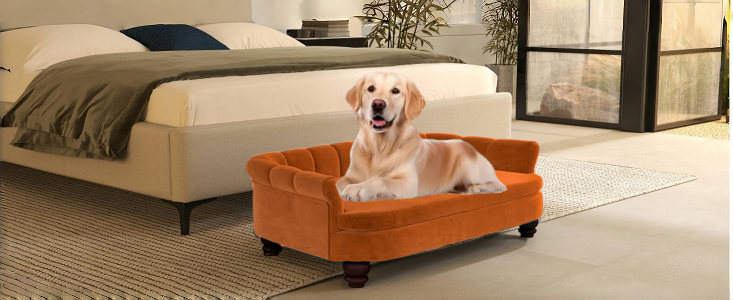 Диванчик для собак SEYNAR: м'який, з велюровою подушкою, для великих та середніх собак, для вітальні, миється, оранжевий