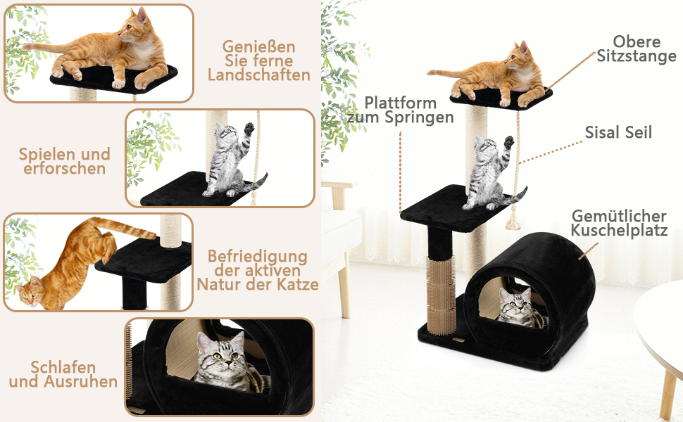 Дерев'яний кігтеточки для котів COSTWAY 92 см з печерою, бамбук, килимок, щітка, м'яч, кріплення, активний комплекс (сірий)