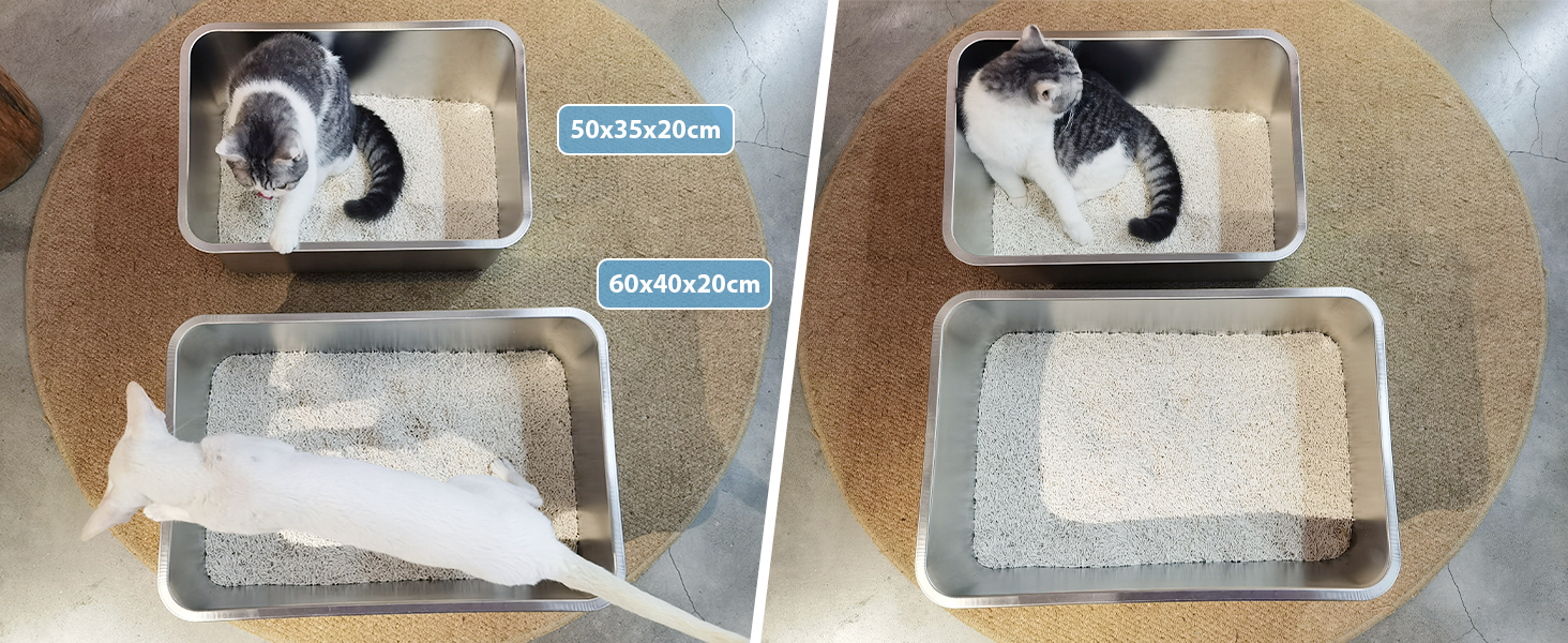 IKITCHEN Великий лоток для котів з нержавіючої сталі (50x35x20 см), туалет для котів та кроликів, без запаху, без плям, антикорозійний, з гладкою поверхнею, з антиковзким гумовим дном, срібний