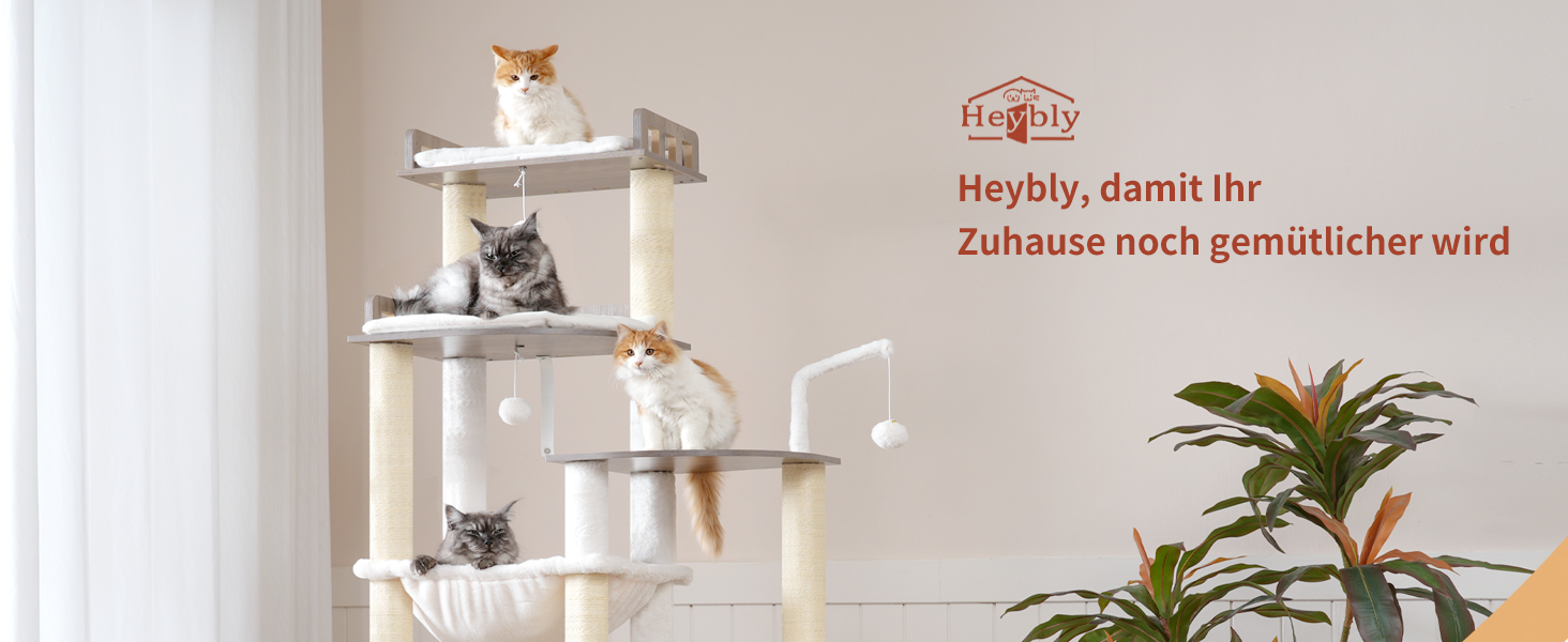 Дерев'яний когтеточка Heybly Kratzbaum 179 см з будиночком та гамаком, HCT121WB (Вінтаж-Сірий)
