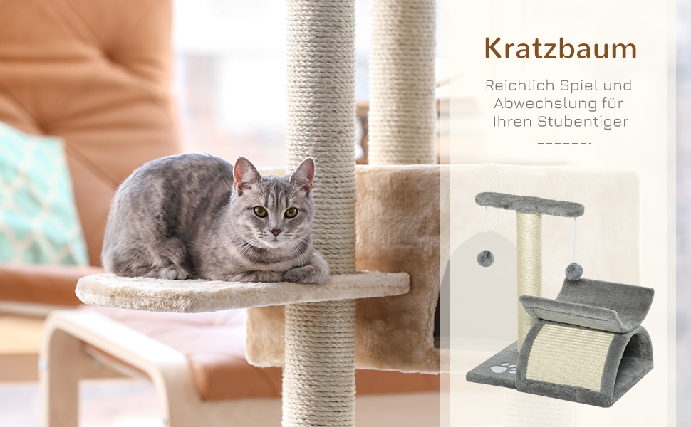 Дерев'яний кігтеточка PawHut для котів - ігровий комплекс з м'ячем, 40 x 30 x 43 см, коричневий/світло-сірий