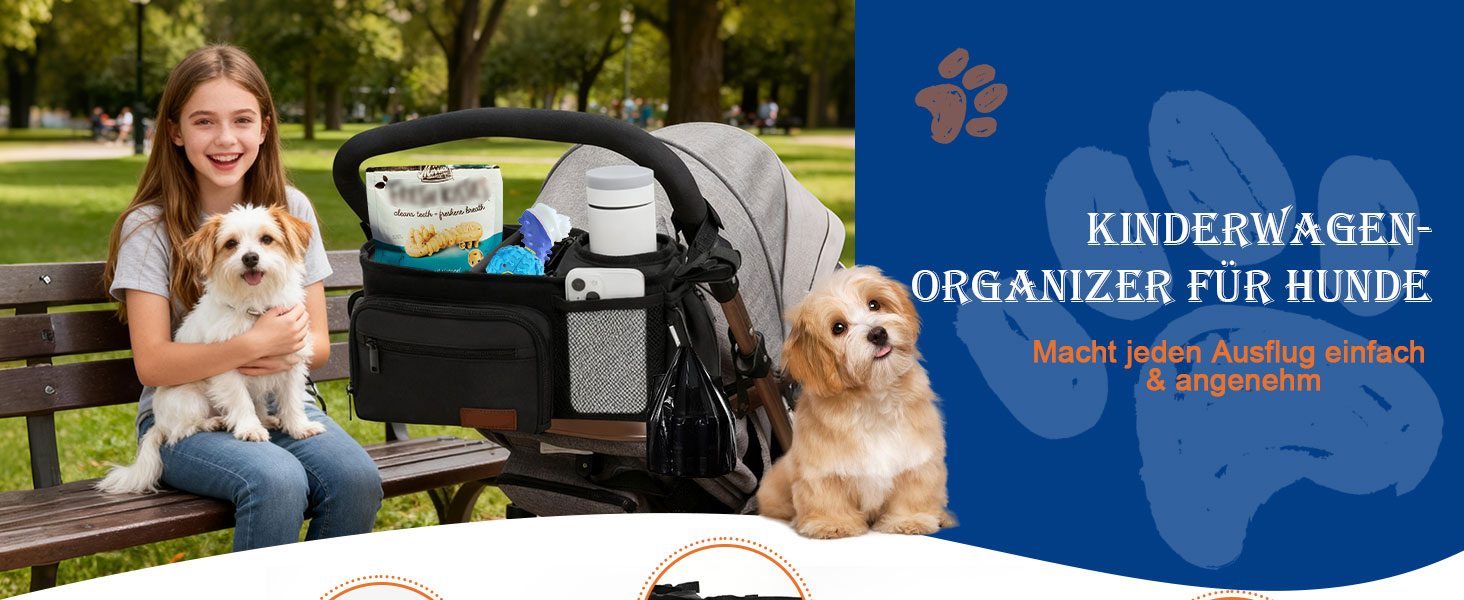 Органайзер для дитячої коляски та собак, сумка-органайзер для аксесуарів для собак з дозатором пакетів для екскрементів, кишенькою для ласощів та тримачем для чашки, сумісний з ручками 35–48 см, подарунок для любителів тварин, чорний