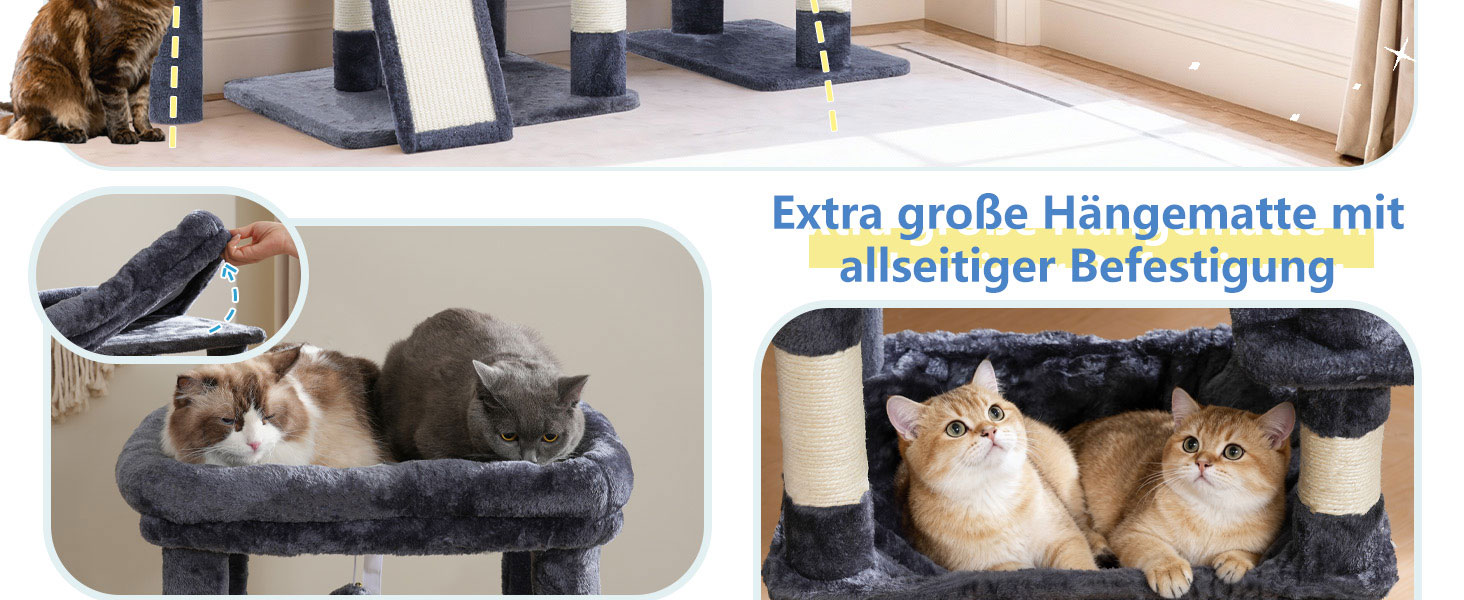 Котячий будиночок Hey-brother Kratzbaum: велика платформа, 2 печери, гамак, сизаль, кошик, 127 см, MPJ071W (димно-сірий)