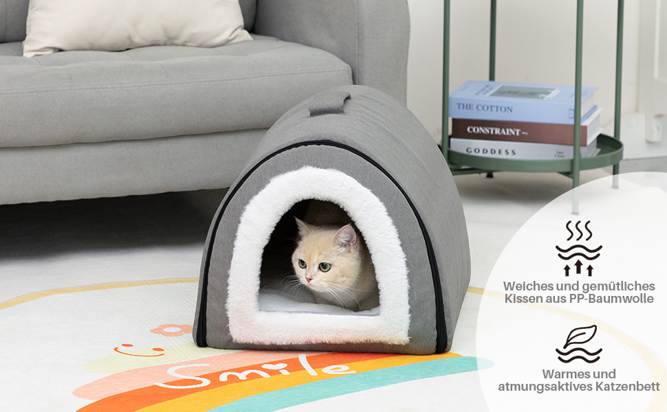 Кігтеточка-ліжко для котів та маленьких собак Hollypet, сірий колір. Зручне ліжко-печера з льону 2-в-1, тепле гніздо для котів та собак.