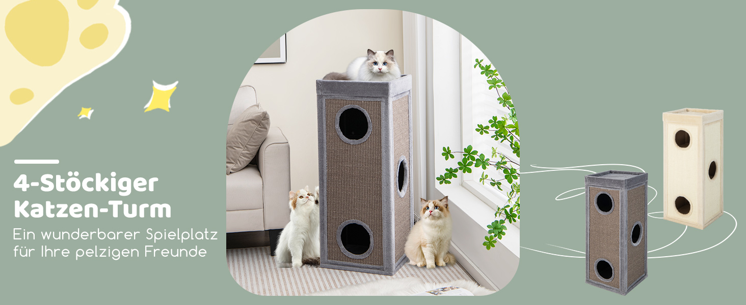 Кігтеточка-будинок Costway 4-ярусна для котів, з будиночками та ігровим майданчиком, сірого кольору, до 25 кг