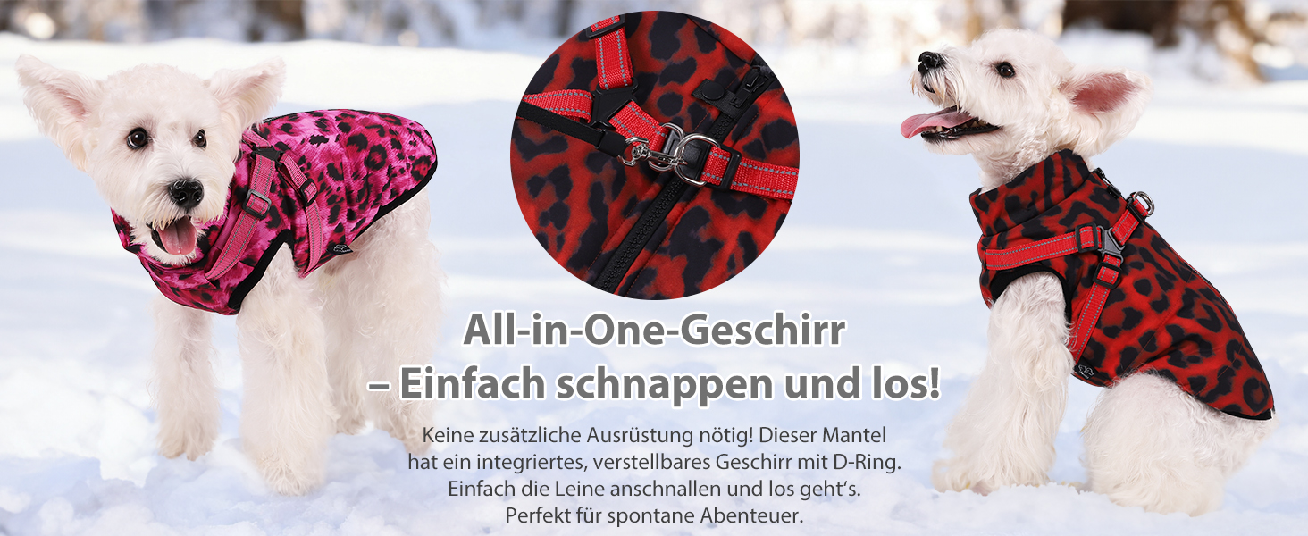 Водонепроникна куртка для собак на зиму з інтегрованим шлейкою та блискавкою. Теплий зимовий костюм для цуценят з леопардовим принтом, червоний (M)