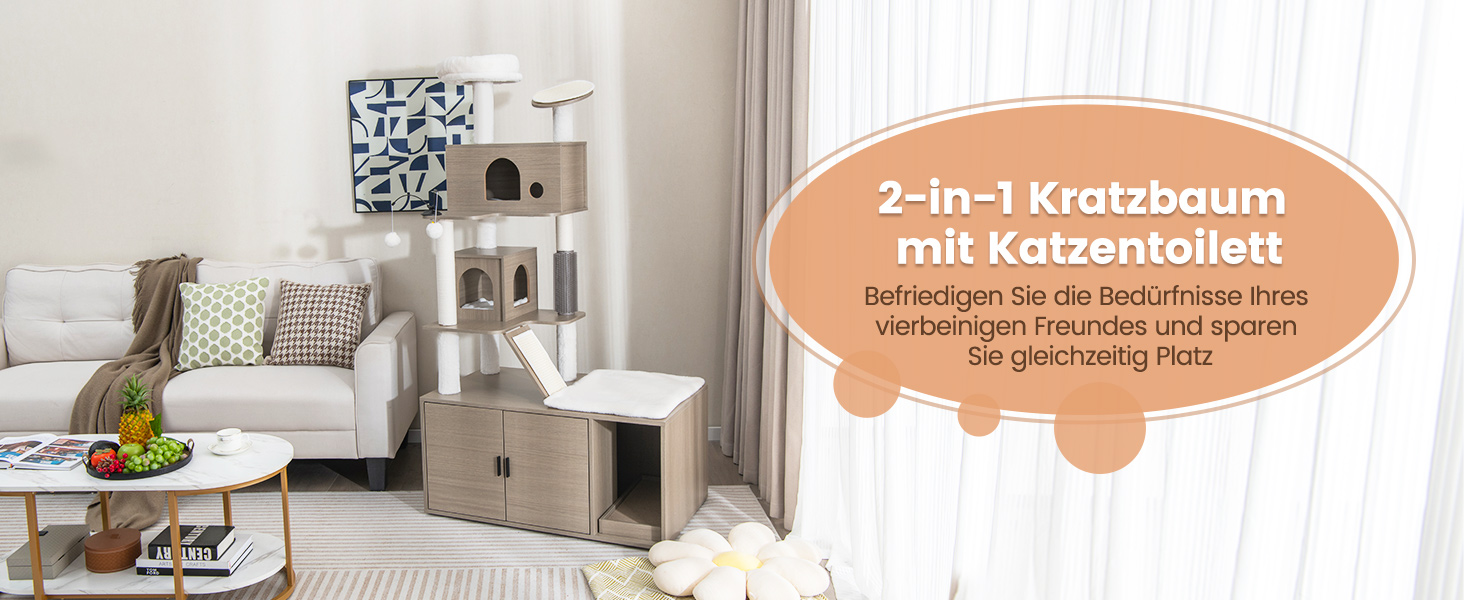 Дім-кігтеточка для котів COSTWAY з будиночком, ігровим м'ячиком та подушкою, сірий, 95x55,5x132 см