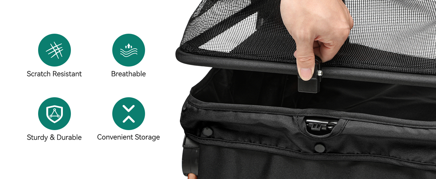 Візок для собак та котів YITAHOME, чорний, до 22 кг, складна конструкція, з сумкою, подушкою, сітковими вікнами та кошиком для зберігання