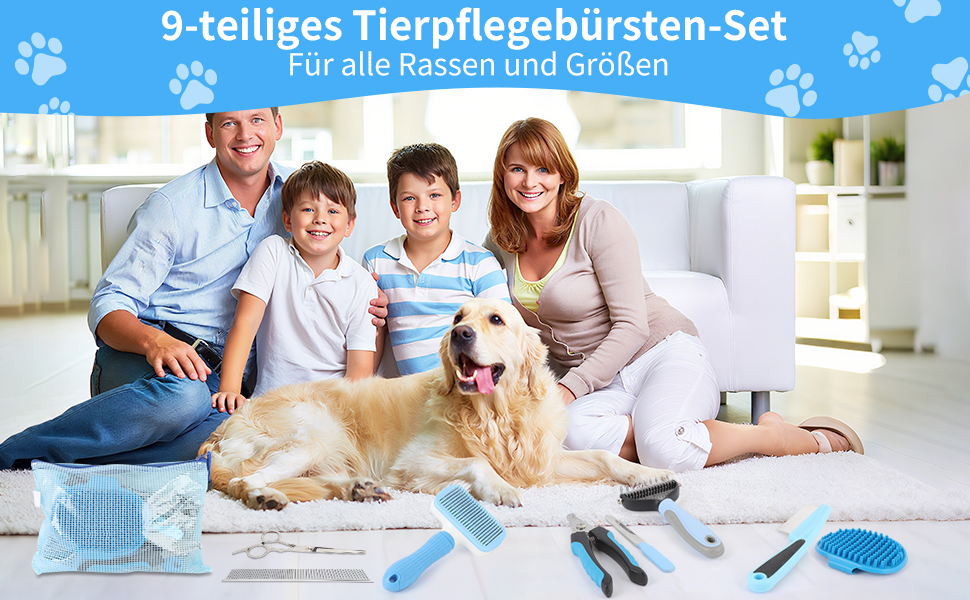 Набір для грумінгу собак та котів (9 предметів) - щітка для самостійного очищення, гребінець для видалення ковтунів, триммер для нігтів з напилком, гребінець від бліх, рукавичка для миття - професійний набір для догляду за шерстю (синій)